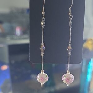 Source Unknown Pink Rose Drop Earrings with Silver Chain